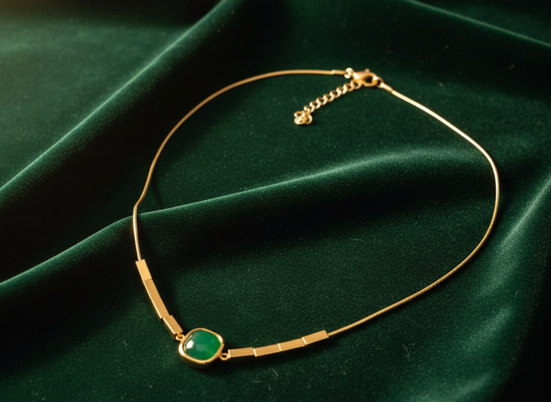 antitarnish gold chain green stone pendant